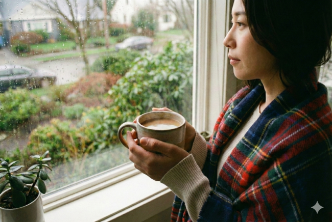 雨の日に外を見る女性