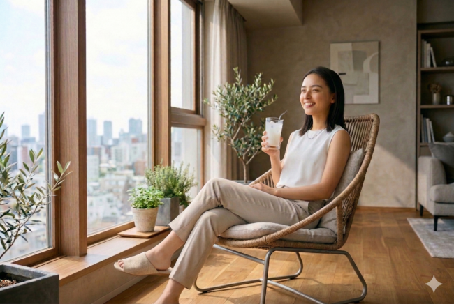 自分時間でカルピスを飲む女性
