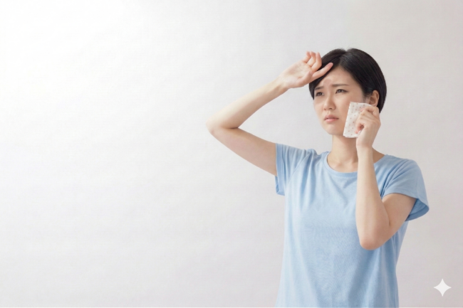 暑さで汗をかいている女性