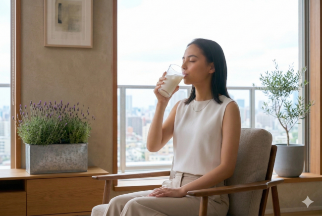 カルピスを飲む女性