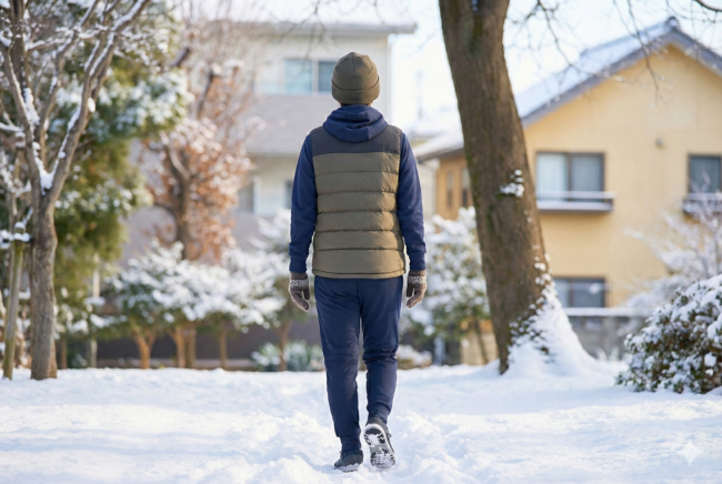 雪の中を歩く男性